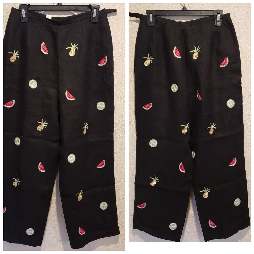 Talbots Crop Pants 8 Women's Irish Linen Black Embroidered Printed Fruit High